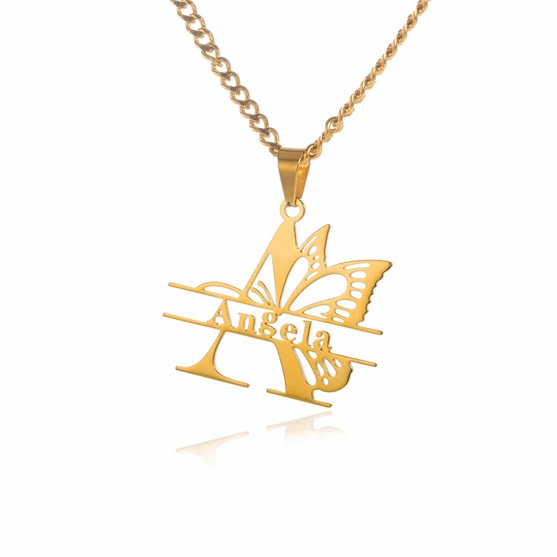 Butterfly Big First Letter Personalized Custom Gold Plated Name Necklace Choker Necklace-silviax