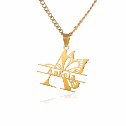 Butterfly Big First Letter Personalized Custom Gold Plated Name Necklace Choker Necklace-silviax