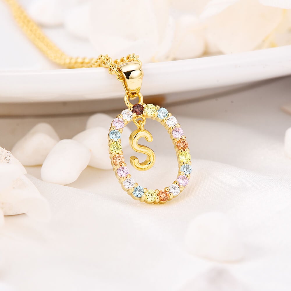 Inlaid Color Zircon Circle With Initial Letter Pendant Personalized Custom Gold Plated Initial Necklace-silviax