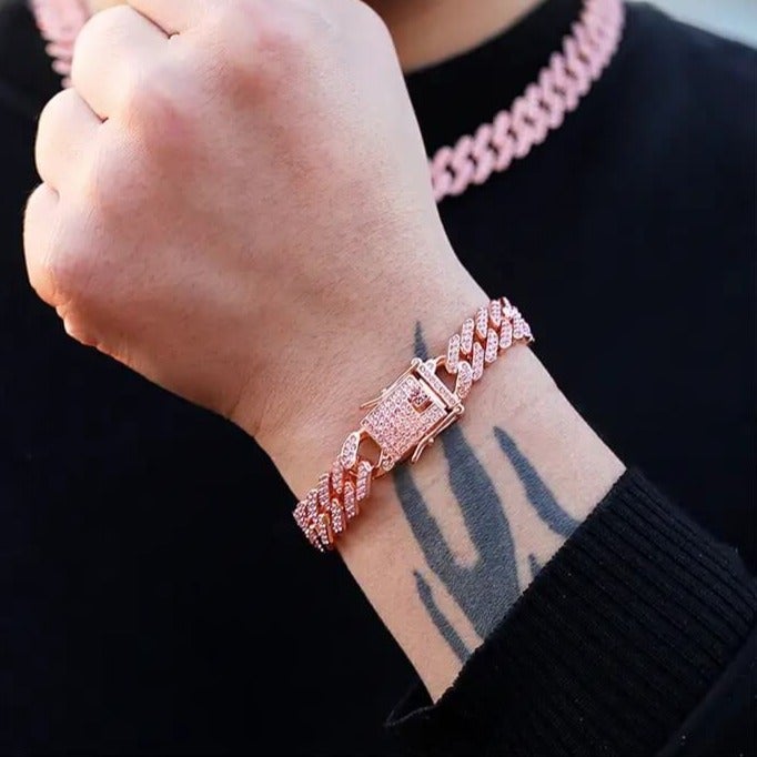 12MM Rose Gold Cuban Chain 2 Row Iced Out Bling Rhinestone Zircon Paved Bracelet-silviax