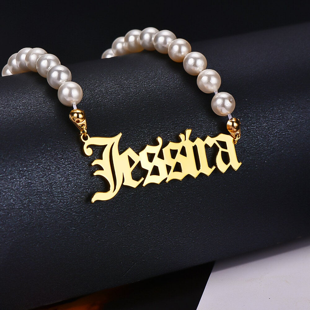 Old English Font with Pearl Chain Personalized Custom Gold Plated Name Necklace-silviax