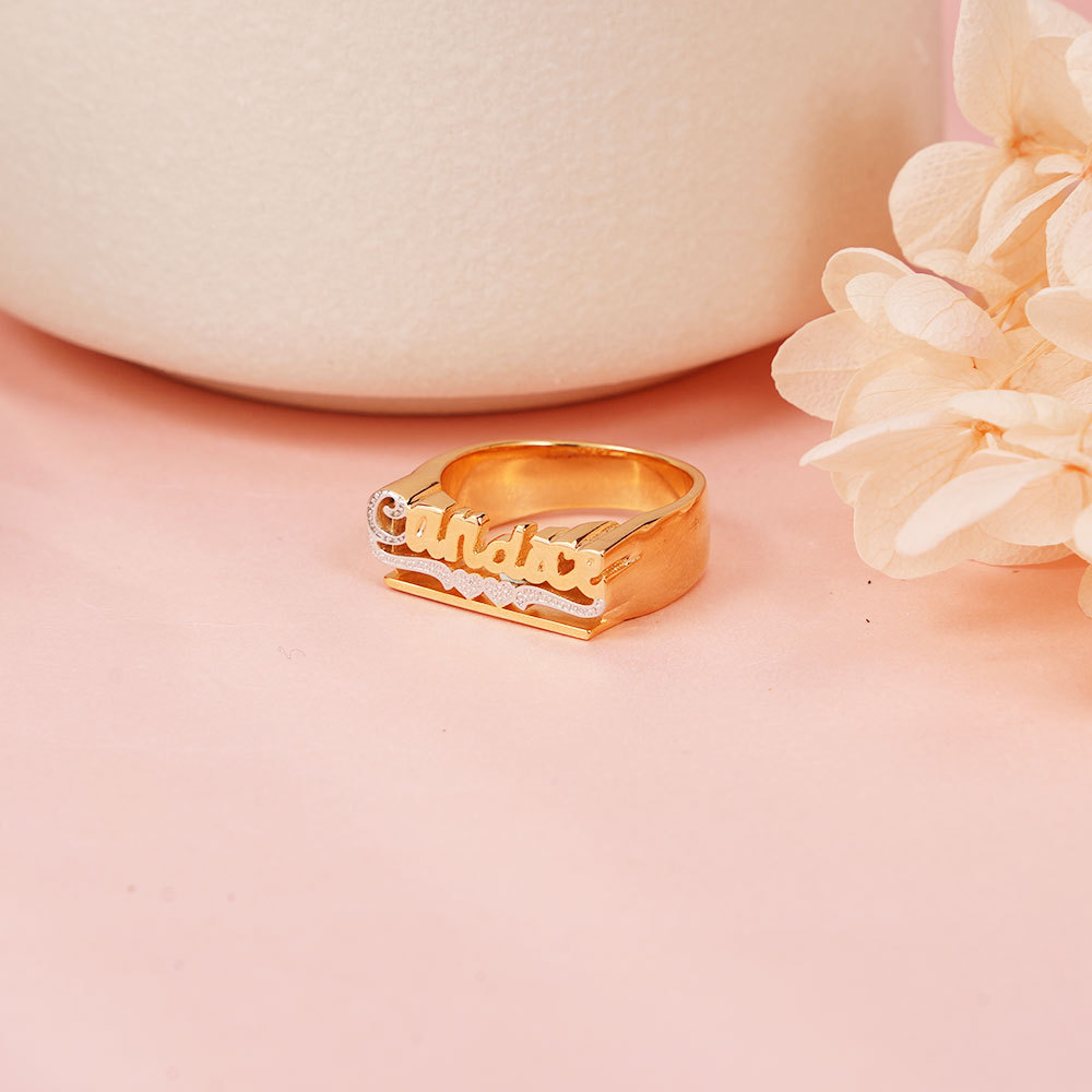 Two Tone Two Hearts Underline Personalized Custom Gold Plated Name Ring-silviax