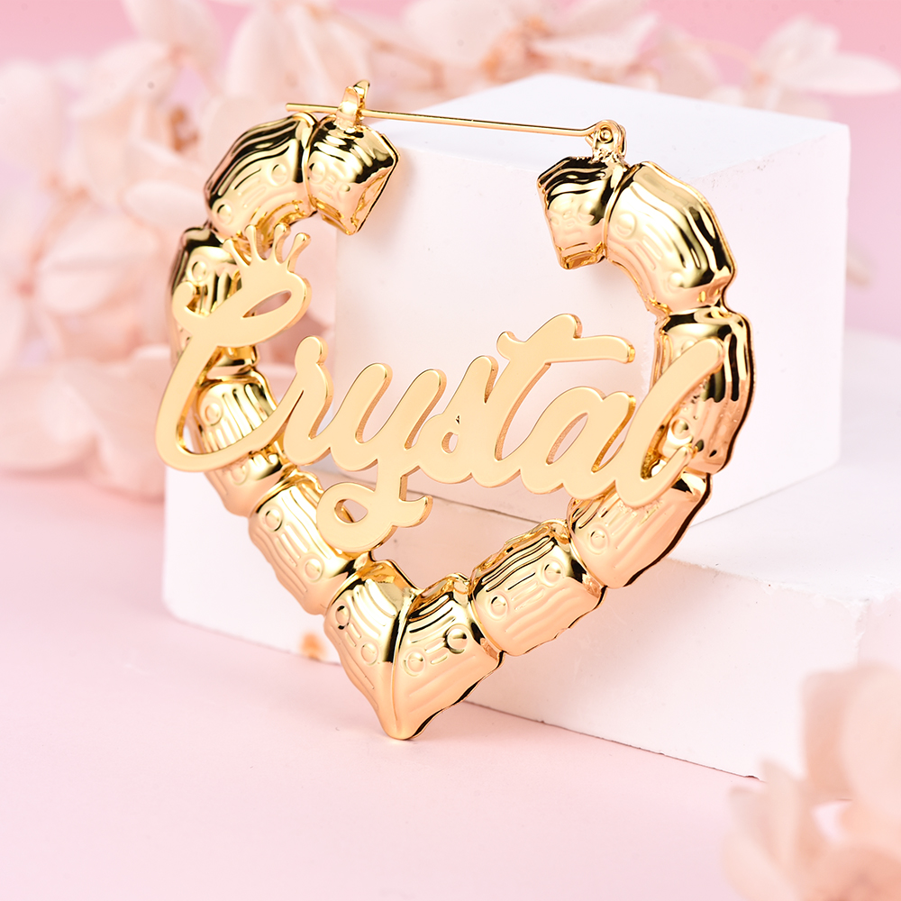 Heart Bamboo Hoop Crown Nameplated Personalized Custom Gold Plated Name Earrings-silviax