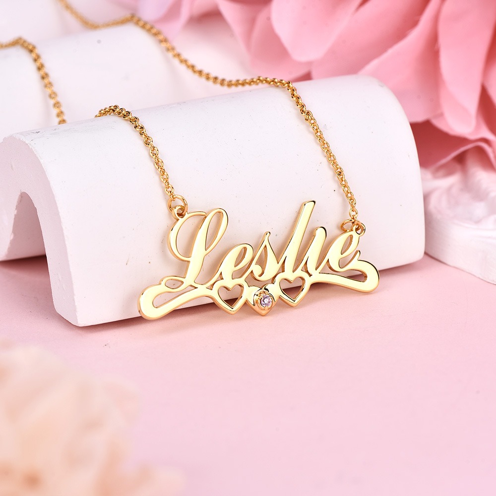 Three Heart and Birthstone Personalized Custom Name Necklace Mother Gift-silviax
