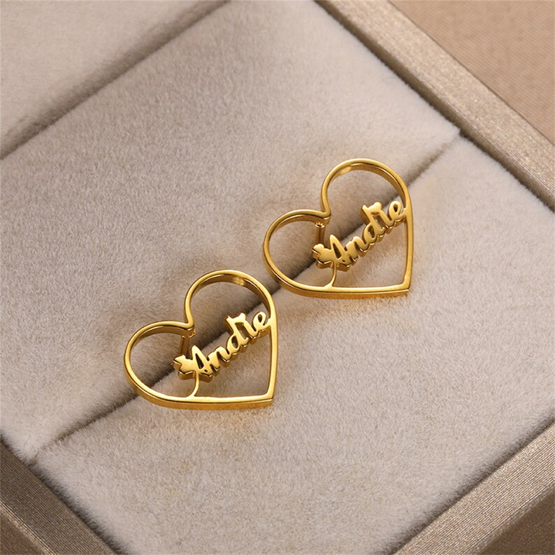 Nameplate with Heart Personalized Gold Plated Heart Name Stud Earrings-silviax