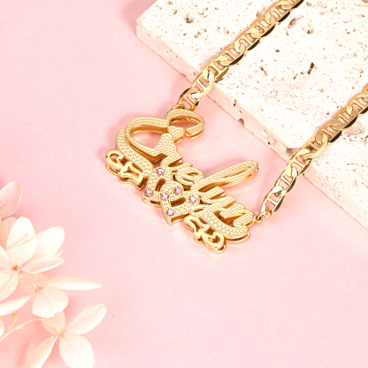 Double Layer Two Heart with Pink Zircon Personalized Custom 3D Name Necklace-silviax