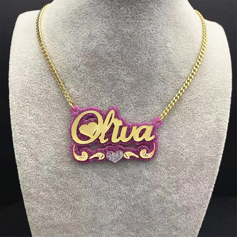 Double Plate Purple Acrylic Personalized Heart Name Necklace-silviax