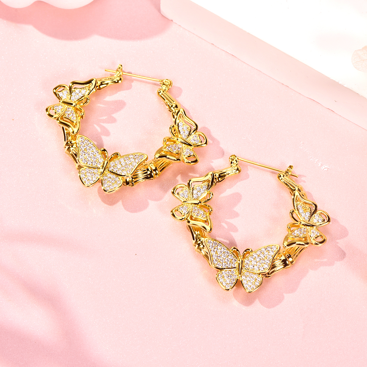 Bamboo Hoop With Butterfly Gold Plated Earrings 30mm/60mm Women Gift-silviax