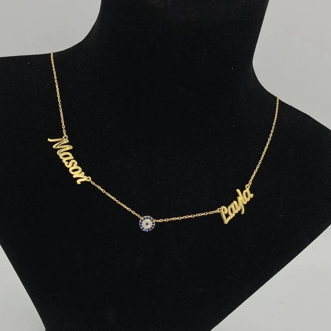 Personalized Gold Plated Blue Eye Pendant Two Name Necklace Women Gift-silviax