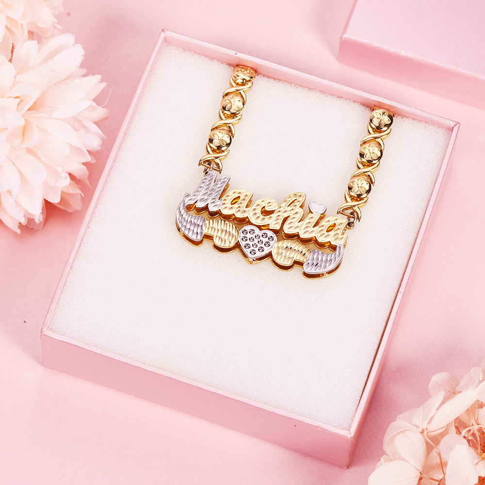 Double Layer Two Tone XOXO Chain with Heart Personalized Custom Gold Plated Name Necklace-silviax