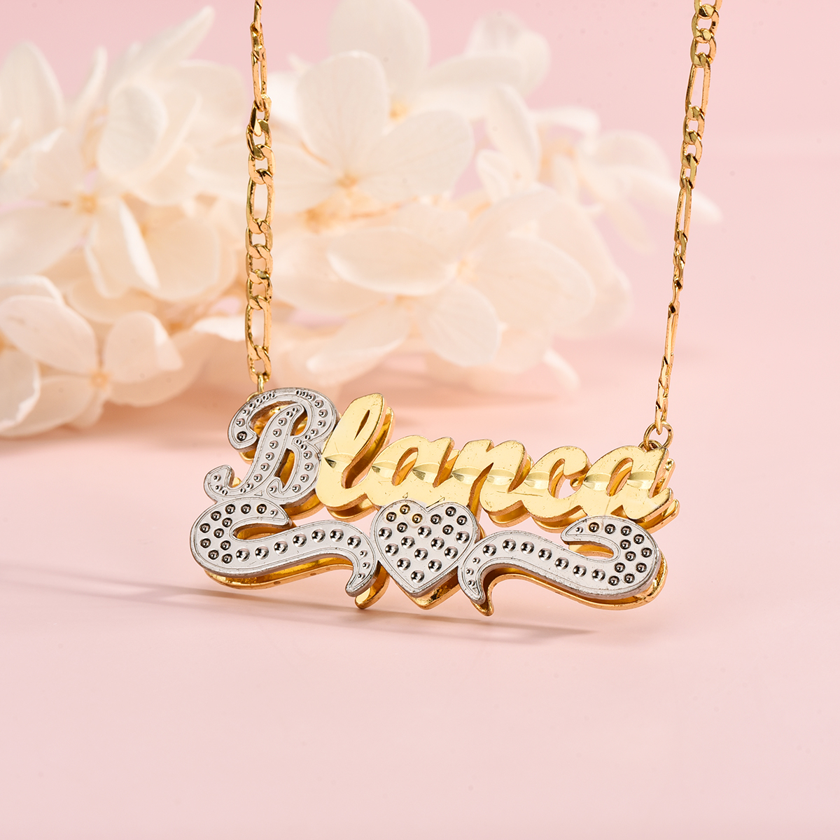 Double Layer Two Tone Heart Nameplate Personalized Custom Gold Plated Name Necklace