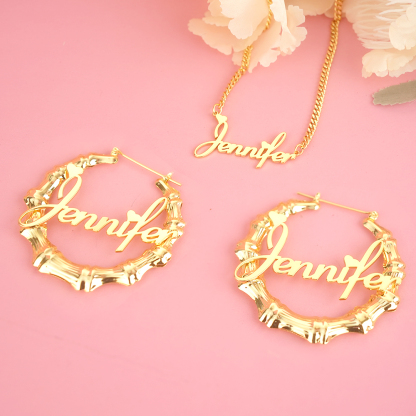 Personalized Custom Gold Plated Nameplate with Heart Jewelry Set Name Necklace and Hoop Earrings Christmas Gift-silviax