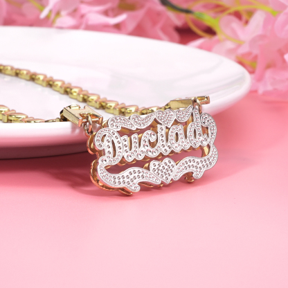 Double Layer Two Tone Nameplate Heart with XOXO Chain Personalized Custom Gold Plated Name Necklace