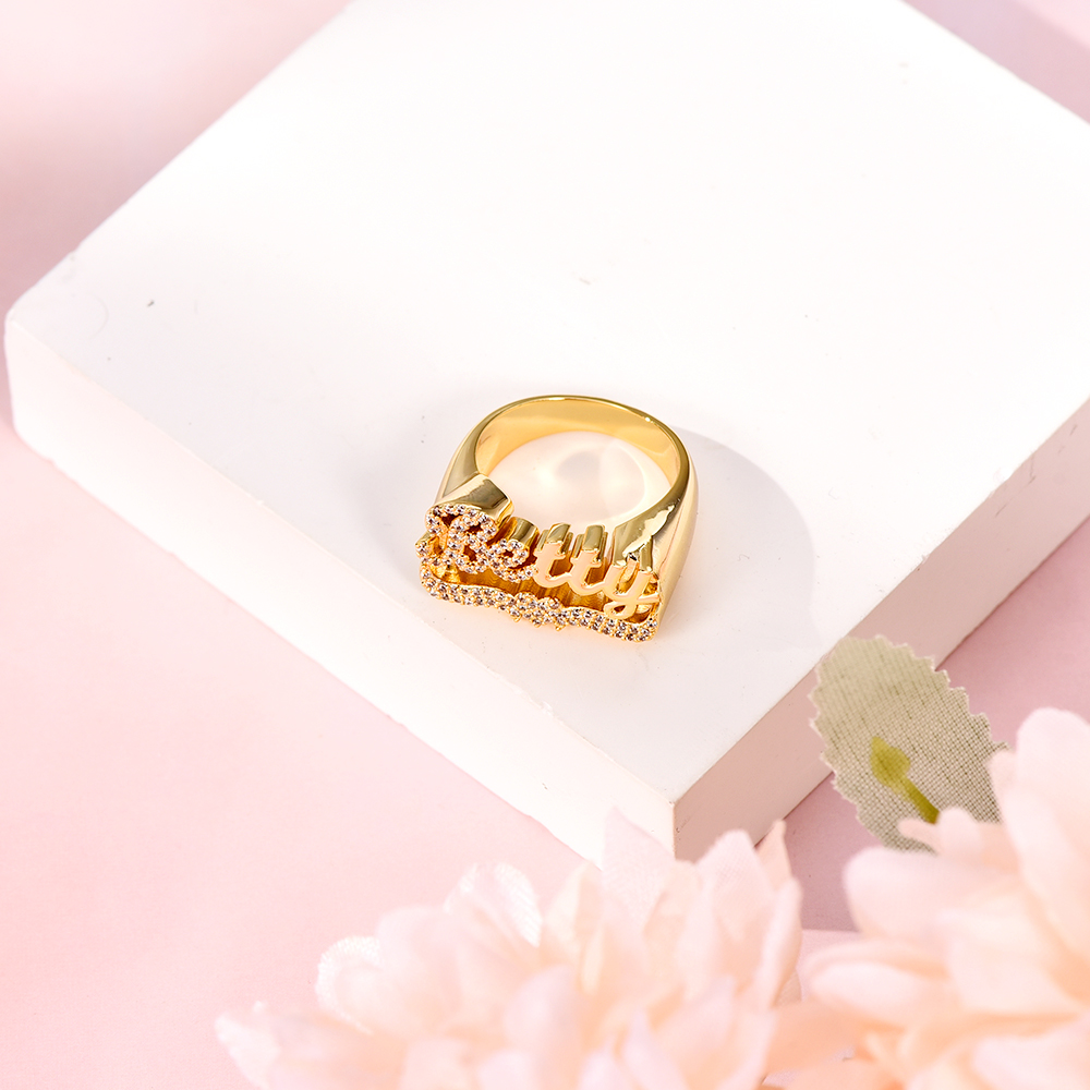 Personalized Cubic Zirconia Bling Name Ring with Heart