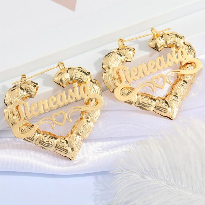 Heart Shaped Hollow Heart Nameplate Personalized Custom Bamboo Name Earrings-silviax