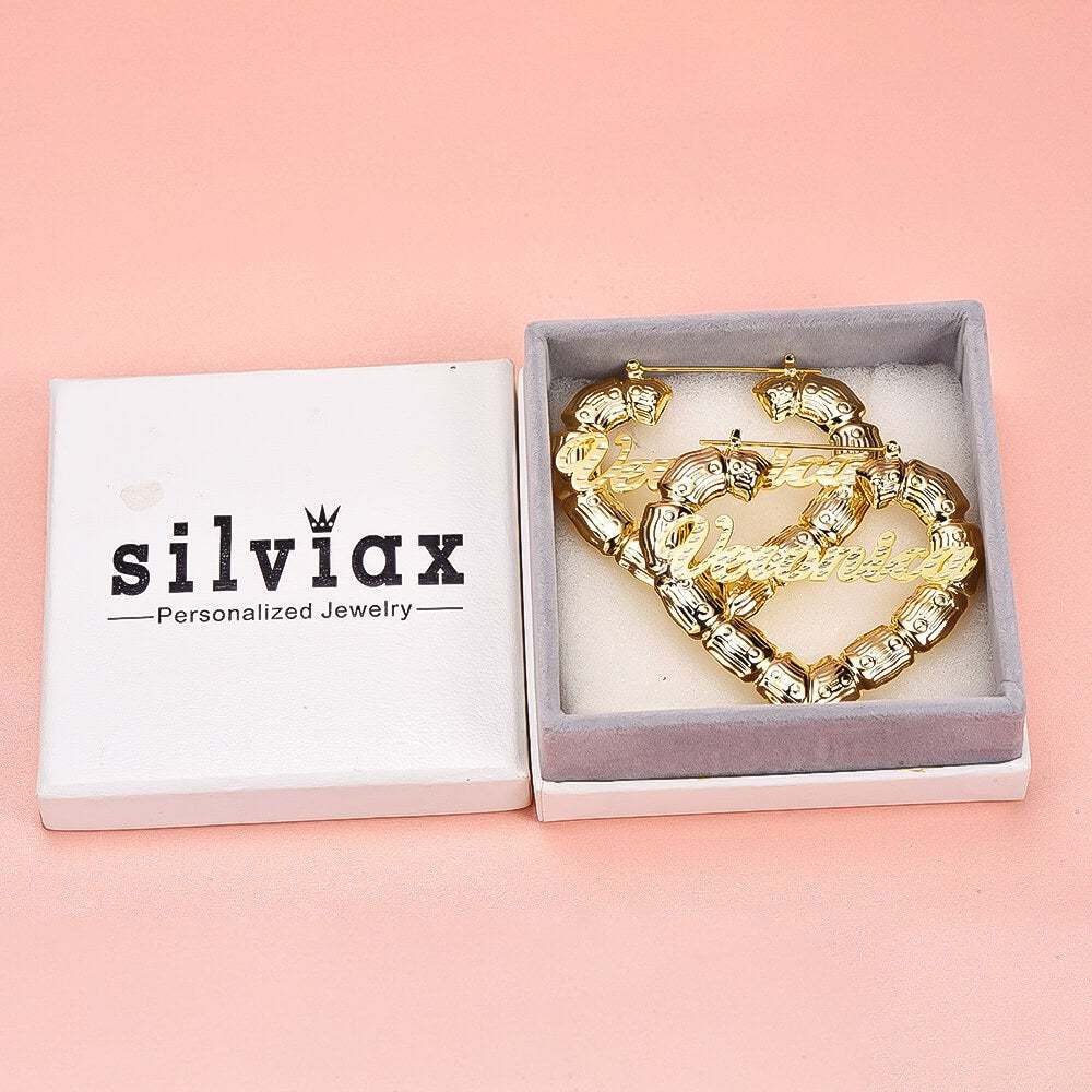 Heart Bamboo Gold Plated Personalized Custom Name Bamboo Earrings-silviax