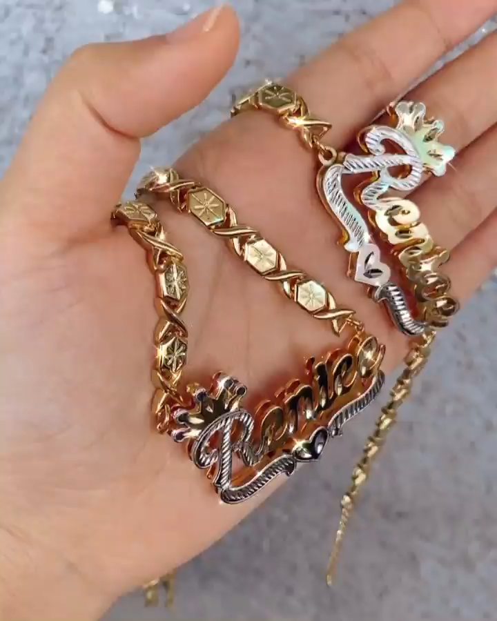 Double Layer Two Tone Crown Heart with XOXO Chain Personalized Custom Gold Plated Name Necklace And Bracelet Set-silviax