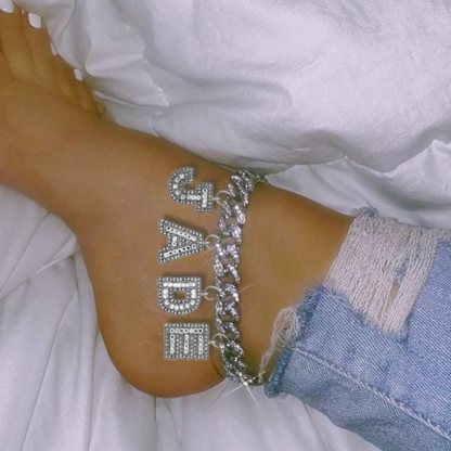 Personalized Cuban Link Iced Out Initial Letter Name Anklets-silviax
