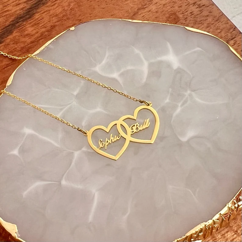 Double Heart Nameplate Pendant Personalized Custom Gold Plated Name Necklace Couple Gifts-silviax