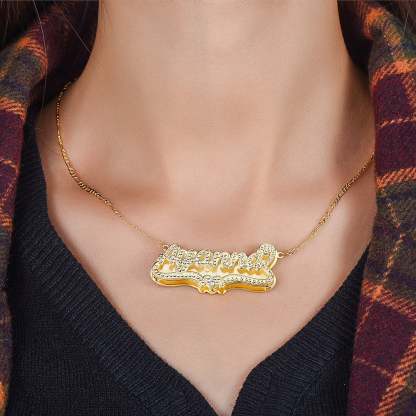 Gold Plated Personalized Double Layer Heart Name Necklace with Birthstone-silviax