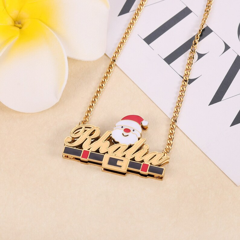 Christmas Father  Gold Plated Nameplate Santa Double Layer Personalized Custom Name Necklace-silviax