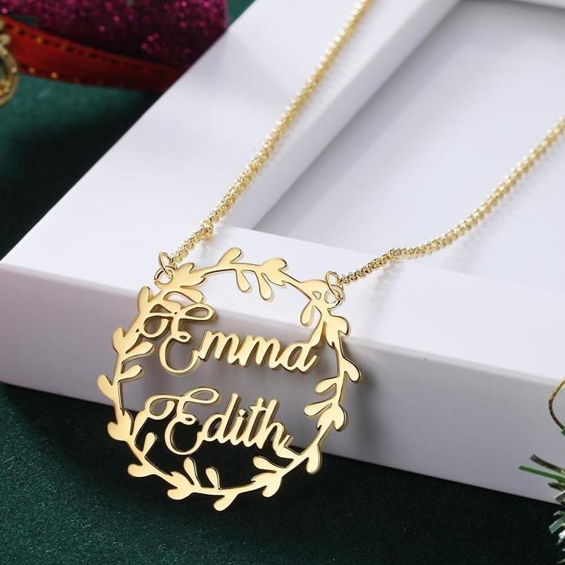 Christmas Circular Leaf Custom Personalized Two Names Pendant Necklace