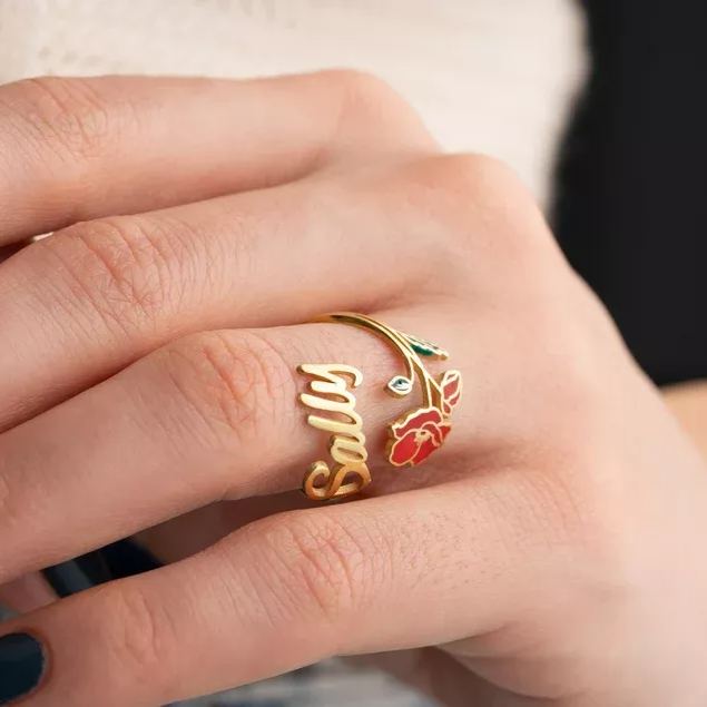 Gold Plated Personalized Custom Name Ring with Birth Flower Birthday Gift