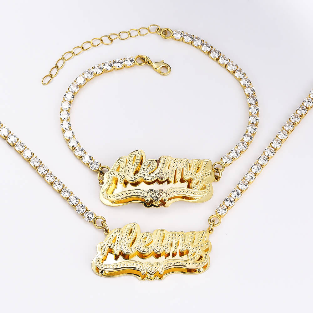 Double Plate with Tennis Chain nameplate Personalized Custom Gold Plated Name Necklace and Bracelet Set-silviax
