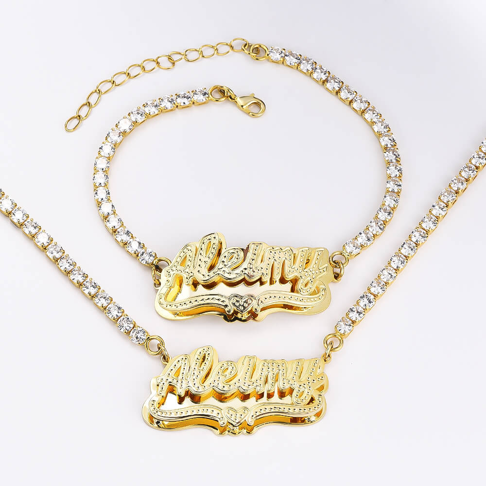 Double Plate with Tennis Chain nameplate Personalized Custom Gold Plated Name Necklace and Bracelet Set-silviax