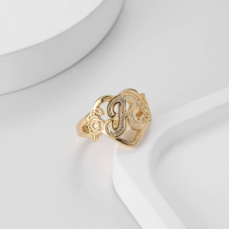 Personalized Custom Gold Plated Capital Letter Initial Heart Ring with Flowers-silviax