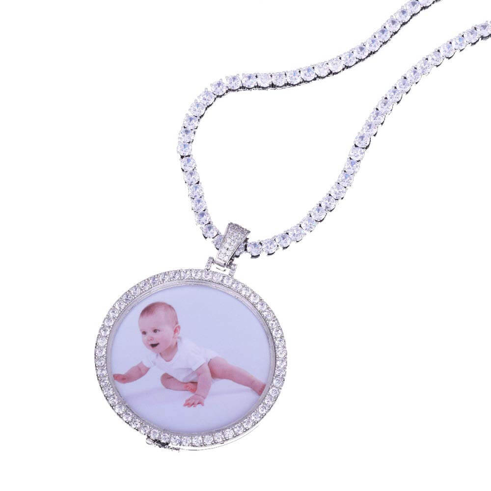 Round Pendant Inlaid Cubic Zirconia with Tennis Chain Personalized Custom Photo Necklace-silviax