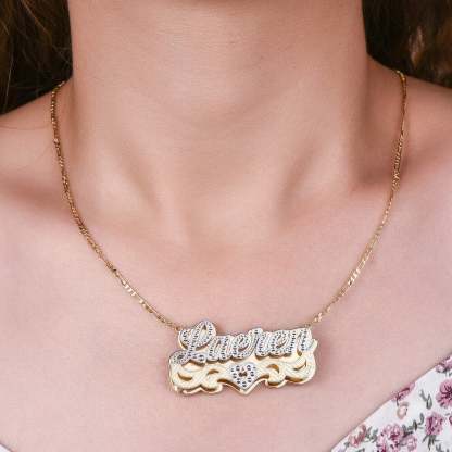 Double Plate Two Tone Nameplate Hollow Heart Personalized Custom Gold Plated Name Necklace-silviax