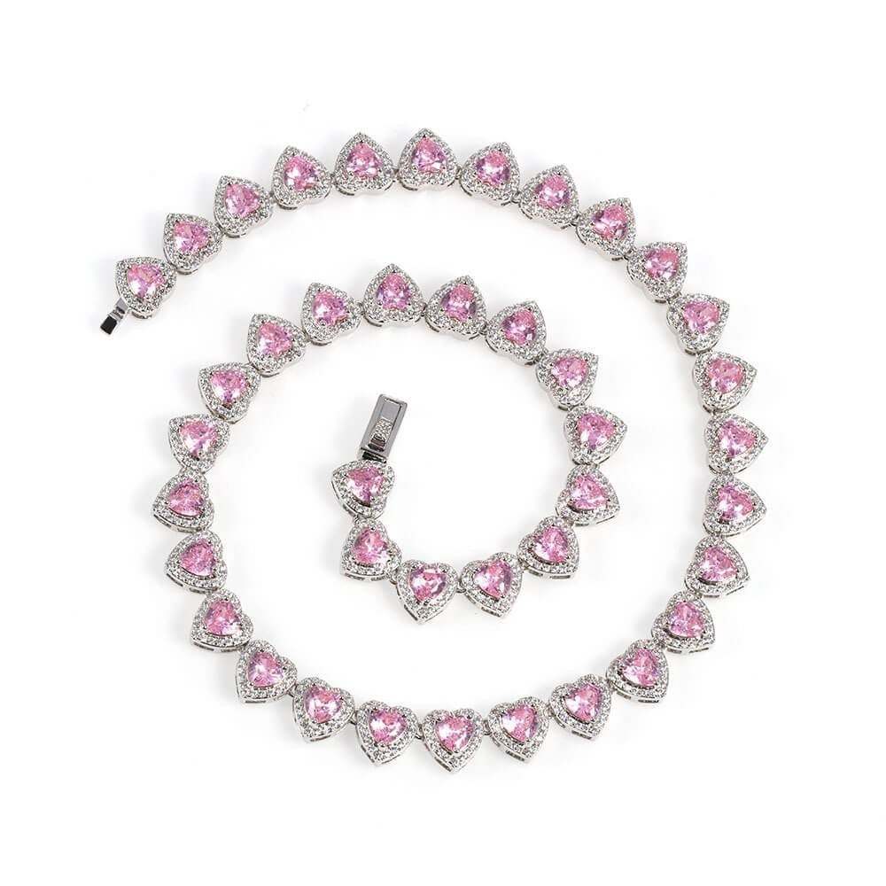 10mm Pink Heart Shaped Zircon Chain Gold Plated Necklace Hip Hop Style Jewelry-silviax