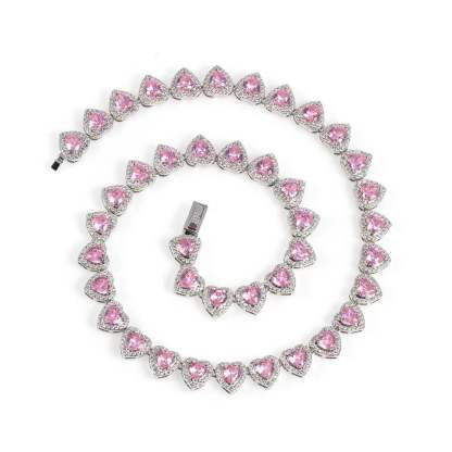 10mm Pink Heart Shaped Zircon Chain Gold Plated Necklace Hip Hop Style Jewelry-silviax