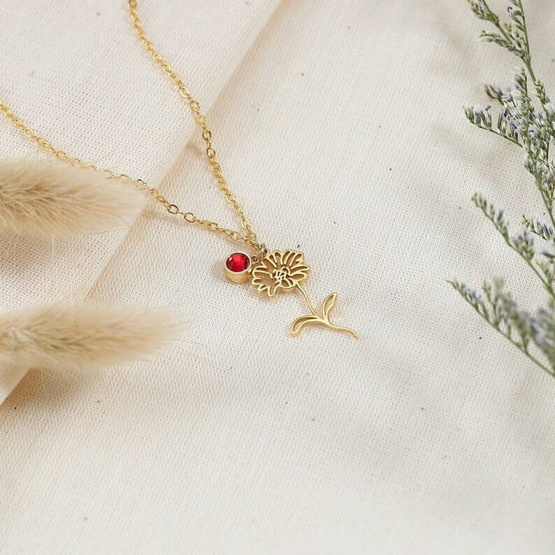 Birth Flower With Birthstone Personalized Custom Gold Plated Necklace-silviax