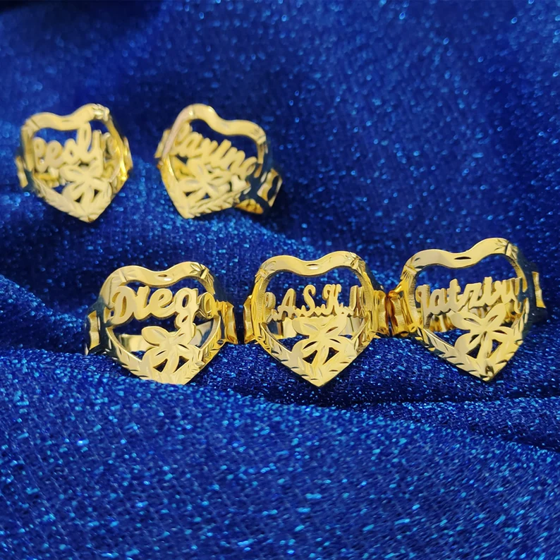Heart Shaped Flower Engraved Gold Plated Personalized Custom Name Ring-silviax