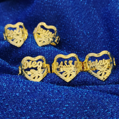 Heart Shaped Flower Engraved Gold Plated Personalized Custom Name Ring-silviax