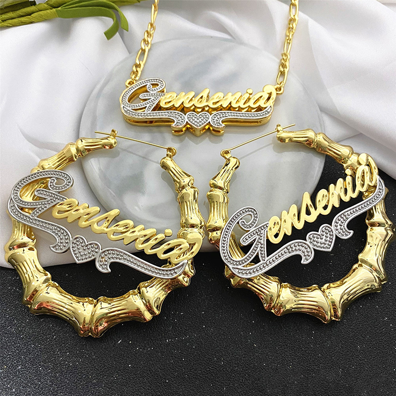 Carrie Nameplate with Heart Jewelry Set Personalized Name Necklace Bamboo Earrings-silviax