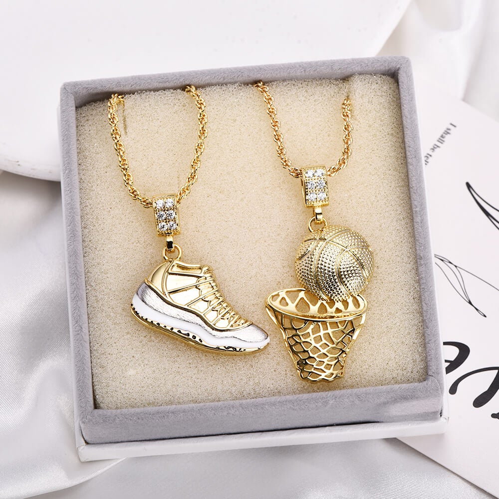Hip Hop Retro Shoes Pendant & Basketball Basketball Hoop Pendant Gold Plated Necklace-silviax