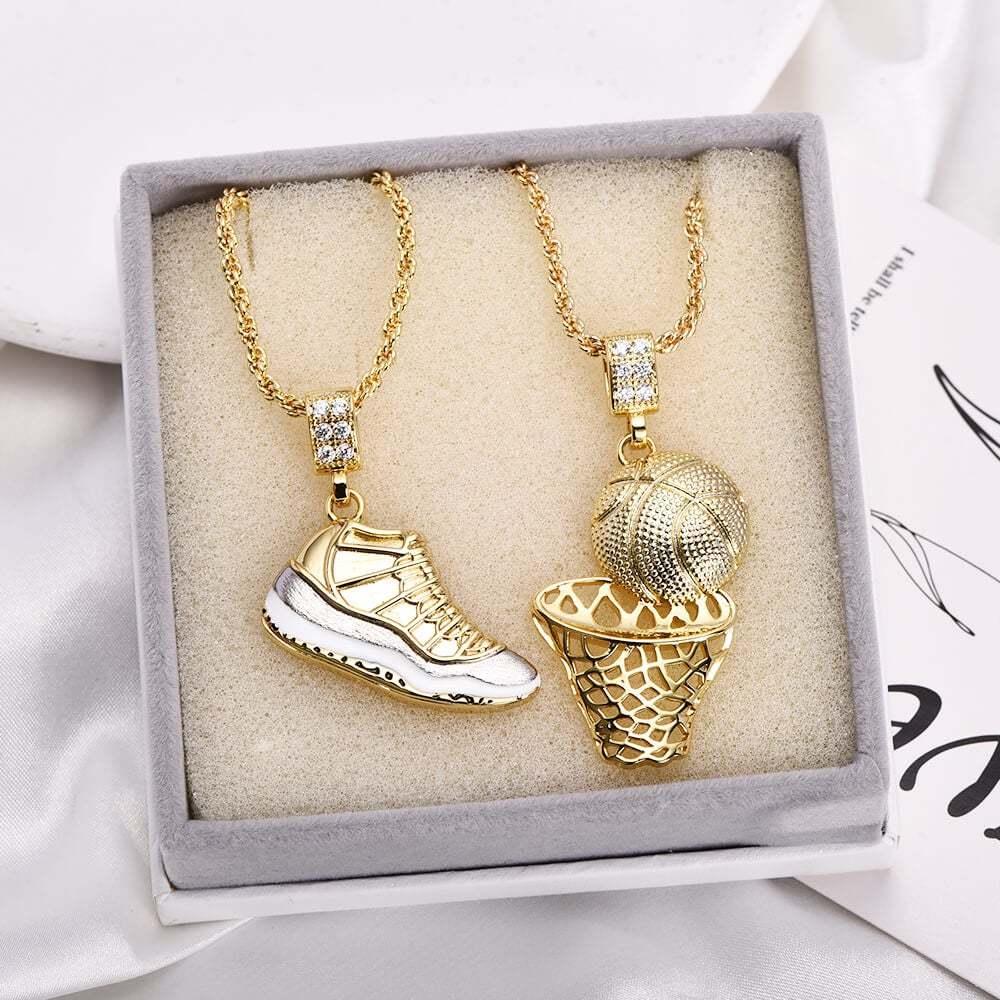 Hip Hop Retro Shoes Pendant & Basketball Basketball Hoop Pendant Gold Plated Necklace-silviax
