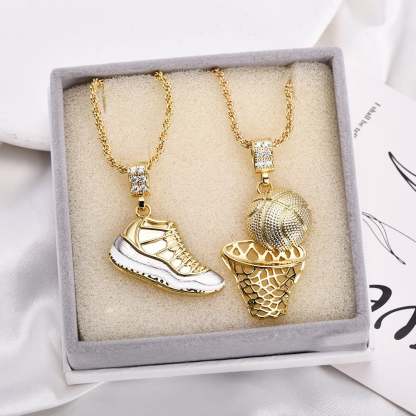 Hip Hop Retro Shoes Pendant & Basketball Basketball Hoop Pendant Gold Plated Necklace-silviax