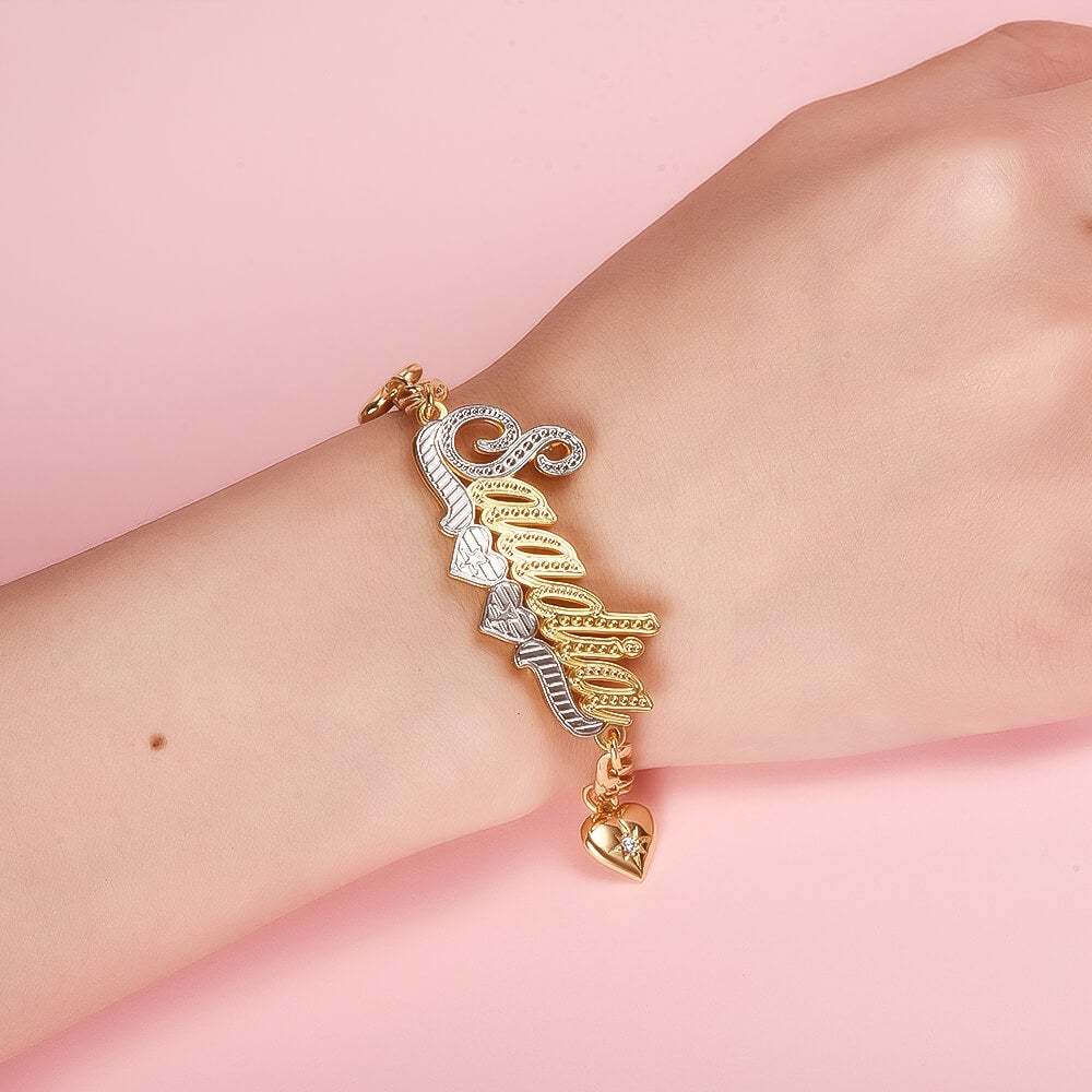 Double Layer Two Tone Two Hearts Nameplate Cuban Chain With Heart Personalized Custom Name Bracelet-silviax