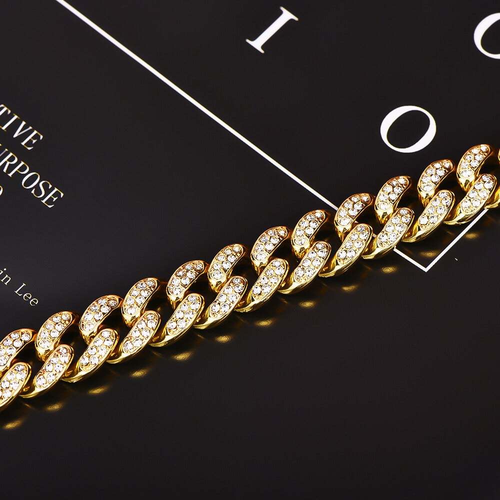 12MM Cuban Chain Gold Plated CZ Fully Iced-Out Necklace Hip Hop Style Jewelry for Men Women-silviax