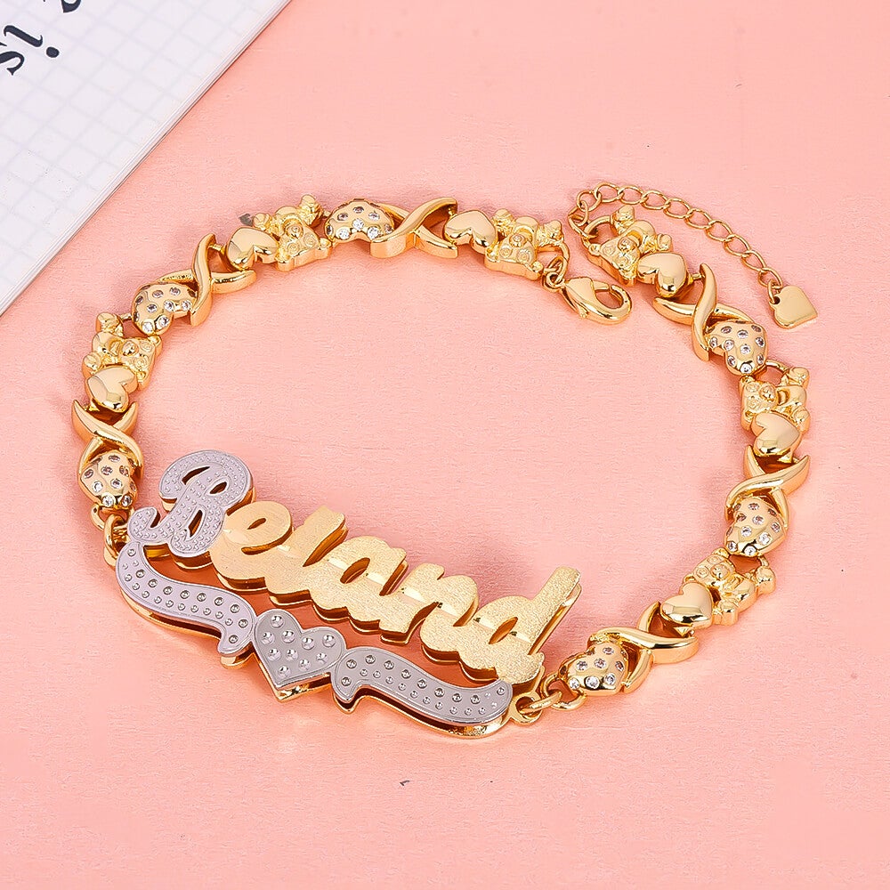 Double Layer Two Tone with Teddy Bear Heart XOXO Chain Personalized Custom Gold Plated Name Bracelet-silviax