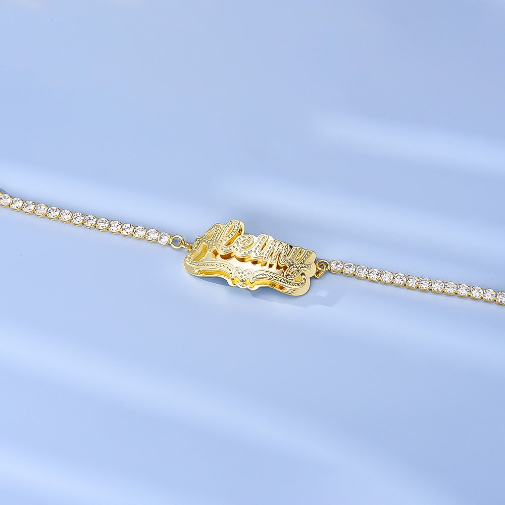 Double Plate with Tennis Chain nameplate Personalized Custom Gold Plated Name Necklace and Bracelet Set-silviax