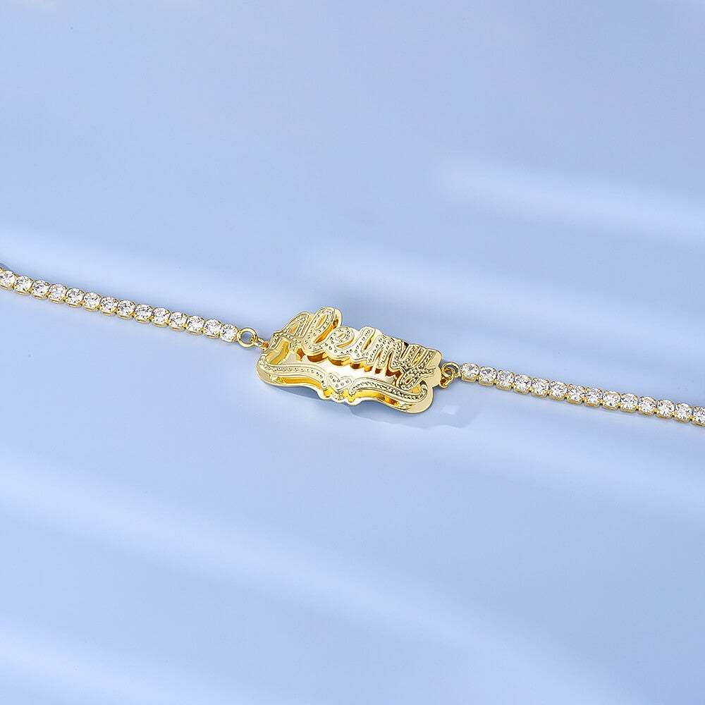 Double Plate with Tennis Chain nameplate Personalized Custom Gold Plated Name Necklace and Bracelet Set-silviax