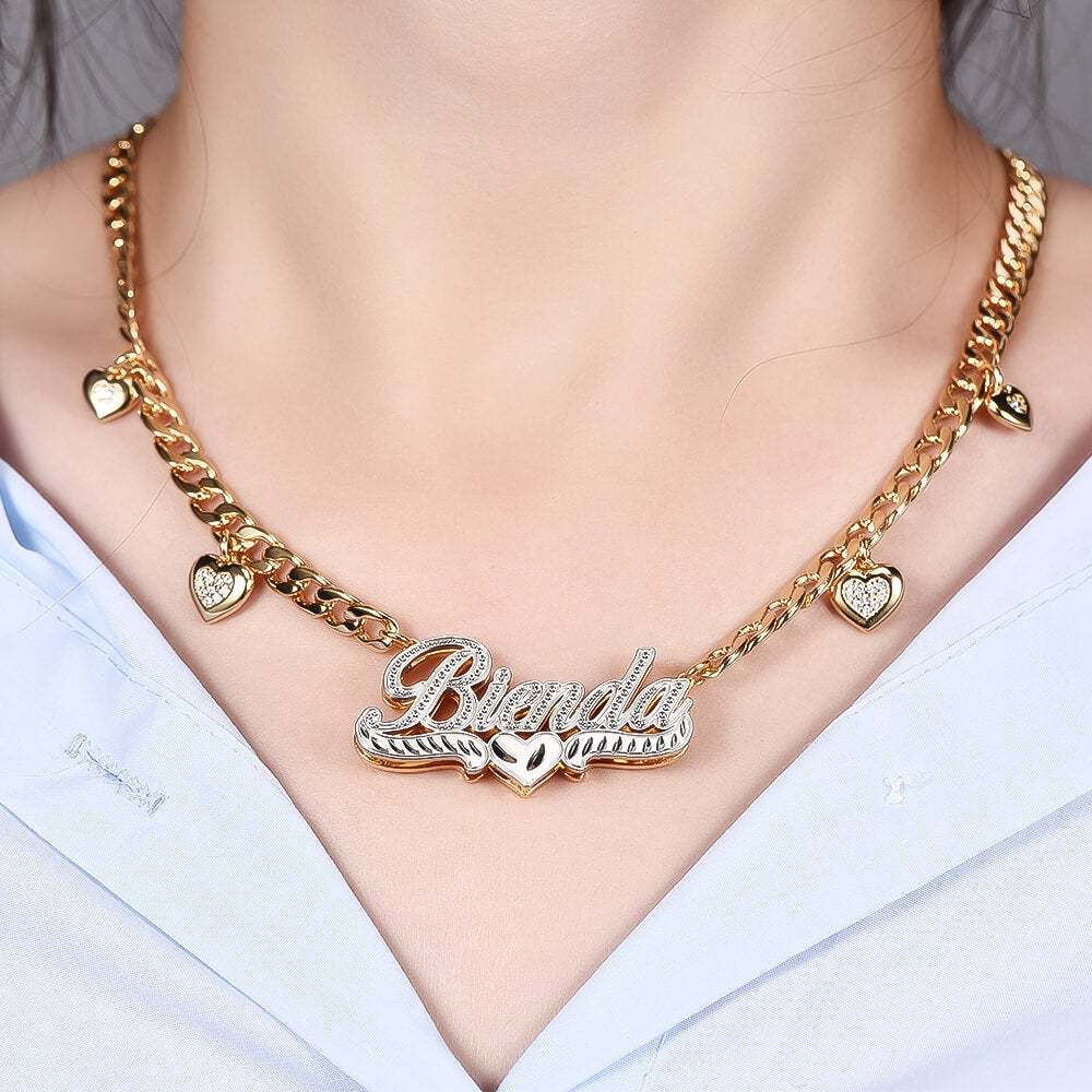 Double Layer Two Tone Heart Nameplate Cuban Chain With Heart Personalized Custom Name Necklace-silviax