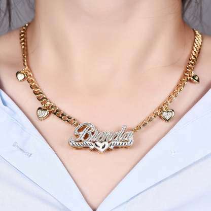 Double Layer Two Tone Heart Nameplate Cuban Chain With Heart Personalized Custom Gold Plated Name Necklace And Bracelet Set-silviax