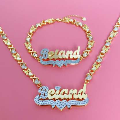 Double Layer Two Tone Heart Teddy Bear XOXO Chain Personalized Custom Gold Plated Name Necklace and Bracelet Set-silviax