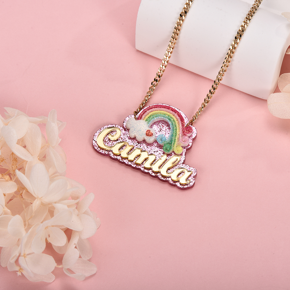 Colorful Acrylic Rainbow Pendant Personalized Gold Plated Name Necklace-silviax